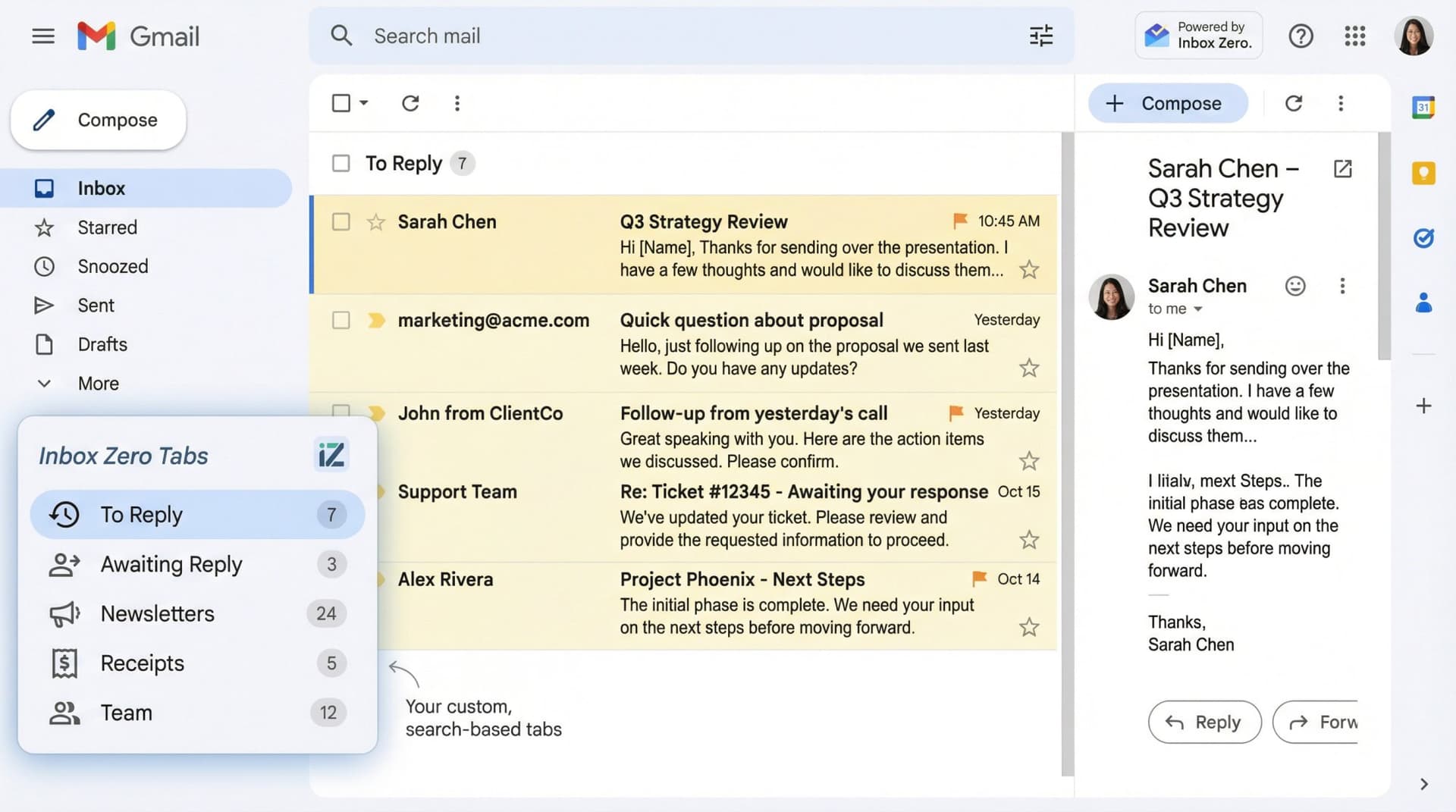 Gmail inbox showing custom tabs created with Inbox Zero extension replacing standard categories
